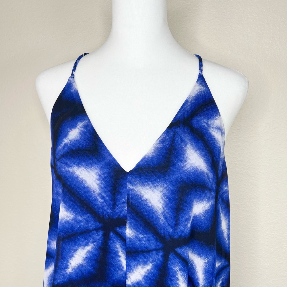Calvin Klein Blue Chiffon Sleeveless V-Neck Flowy Asymmetric Trapeze Dress - Picture 3 of 12